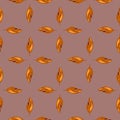 Decorative seamless pattern with orange colored autumn foliage leaf print. Dark pink background