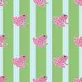 Decorative seamless pattern with pink doodle frog ornament. Striped green background. Bright design Royalty Free Stock Photo