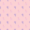 Decorative seamless pattern with purple pastel palm tree sute silhouettes. Light pink background