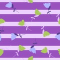 Decorative seamless pattern with random blue and green flores elements. Purple striped background Royalty Free Stock Photo