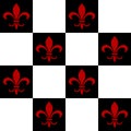 Decorative seamless vector pattern featuring a repeating red fleur-de-lis motif on a black and white checkerboard background Royalty Free Stock Photo