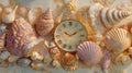 Decorative seashell arrangement with vintage clock on sandy surface, AI Generated Royalty Free Stock Photo