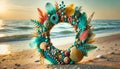 Decorative seashell wreath standing on the beach at sunset Royalty Free Stock Photo