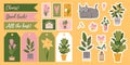 Decorative set with Houseplants, flowers and nature elements, cartoon style. Labels, postage stamps and stickers for