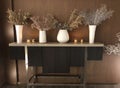 Decorative shelf on wooden background. White vases with dried plants and flowers