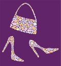 Decorative silhouettes elegante female shoes on high heels and small handbag from abstract colorful flowers and leaves