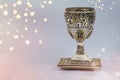 Silver kiddush wine cup and saucer isolated. Shabbat silver kiddush cup. Kiddush cup with the gemstone of 12 tribes Royalty Free Stock Photo