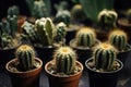 Decorative small beautiful cacti in pots. Generative AI