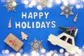 decorative snowflakes, christmas tree and and toy car Royalty Free Stock Photo