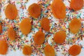 Decorative sprinkles border and dried apricots on white background. Multicolor Sugar confectionery powder and dried apricots in th Royalty Free Stock Photo