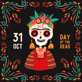 Decorative square card with Calavera Catrina skull. Flyer design for mexican national holiday Day of the dead. Festive Royalty Free Stock Photo