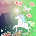 Decorative square carpet or napkin with cheerful unicorn, running in summer forest.