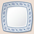 Decorative Square Plate With A Blue Floral Frame In The Style Of National Porcelain Painting