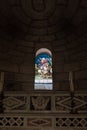 The decorative stained glass window in the lower hall of the St. Josephs Church in Nazareth, northern Israel