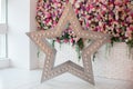 Decorative star with led retro lamp bulbs glowing. Big star with bulbs near wall with flowers. Star shaped white LED lights lamp s Royalty Free Stock Photo