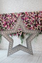 Decorative star with led retro lamp bulbs glowing. Big star with bulbs near wall with flowers. Star shaped white LED lights lamp s Royalty Free Stock Photo