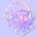 Decorative sticker. Fairytale style sun with a human face resting on a curly ornate cloud. Decorative element for tattoo