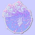 Decorative sticker. Retro style curly decorative cloud with rain drops. Decorative element for tattoo textile prints or