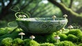 Enchanted Stone Bowl with Mushrooms in Mossy Forest Royalty Free Stock Photo