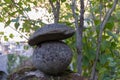 Decorative stone mushrooms appear at the bend of a path Royalty Free Stock Photo