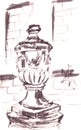 Decorative stone vase on the street of Paris, graphic black and white drawing, travel sketch Royalty Free Stock Photo