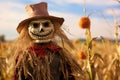 decorative straw scarecrow standing in a cornfield