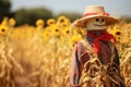 decorative straw scarecrow standing in a cornfield