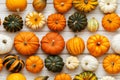 Decorative striped pumpkins on white wooden table. Thanksgiving decoration. Celebrating traditional autumn holidays. Top down view