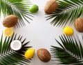 Decorative Styled Floral Frame Web Banner with Coconuts, Lemons, and Limes on Lush Palm Leaves Royalty Free Stock Photo