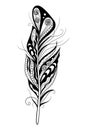 Decorative stylized feather on white background. Vector illustration doodling and zentangle style