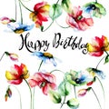 Decorative summer flowers with Happy Birthday