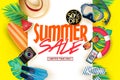 Decorative Summer Poster on Yellow Background with Up to 50% Off for Limited Time Only Message, Mask, Snorkel, Fins, Hat