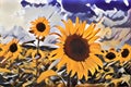 Decorative sunflowers in the field with beautiful clouds and blue sky. Abstract art. Ipad pro drawing