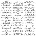 Decorative swirls dividers. Old text delimiter, calligraphic swirl border ornaments and vintage divider vector set Royalty Free Stock Photo