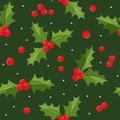 Decorative symbol of holiday - holly with red berries on a green background.