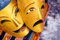 Decorative symbolic theatrical masks - Comedy and tradecorative crown - one side with jester bells gedy, Royalty Free Stock Photo