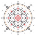 Decorative symmetrical circular mandala design in red and gray colors with star and heart elements Royalty Free Stock Photo