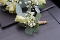 wedding boutels are arranged together on a table with flowers Royalty Free Stock Photo