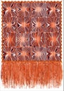 Decorative tapestry with grunge striped,stained pattern , wavy frame and long fluffy fringe in orange,brown colors