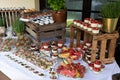 Delicacies on a delicious buffet with fruits ,sandwiches, creams, small bowls and pudding