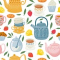 Decorative tea time seamless pattern with teapots, cups and sweets. Morning drink, english breakfast print. Kitchen Royalty Free Stock Photo