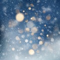 Decorative template Christmas background with snow and bokeh lights. Magic holiday abstract glitter background with