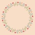 Decorative template with round floral ornament. Circular floral frame with wild flowers and tulips.