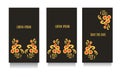 Decorative templates for invitations, greeting, visit cards and vouchers at khokhloma floral style with black background