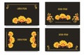 Decorative templates for invitations, greeting, visit cards and vouchers at khokhloma floral style with black background