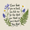 Decorative text surrounded by botanical illustrations on a light background. The text, Royalty Free Stock Photo