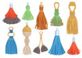 Decorative textile tassels. Fabric brushes for fringe. Threads earring. Key chains. Hanger charms trinkets. Macrame