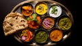 A decorative thali with a colorful assortment of curries, pickles, and roti in an overhead view
