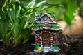 Decorative tiny gnome house is among flowers in the garden