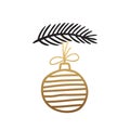 Decorative toy, golden ball in stripes weighs on a spruce branch. Symbol of Merry Christmas and Happy New Year.